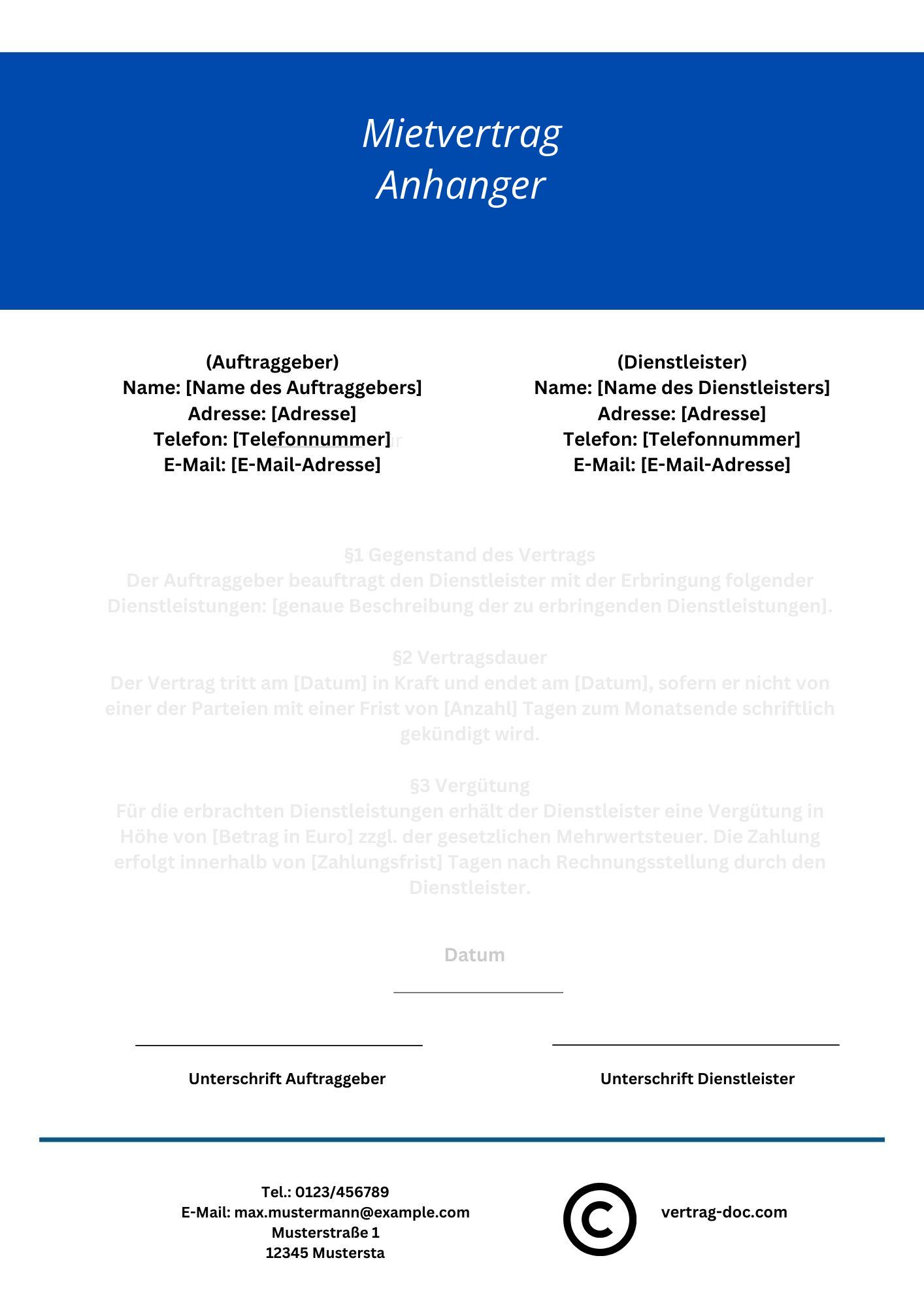 Mietvertrag Anhänger