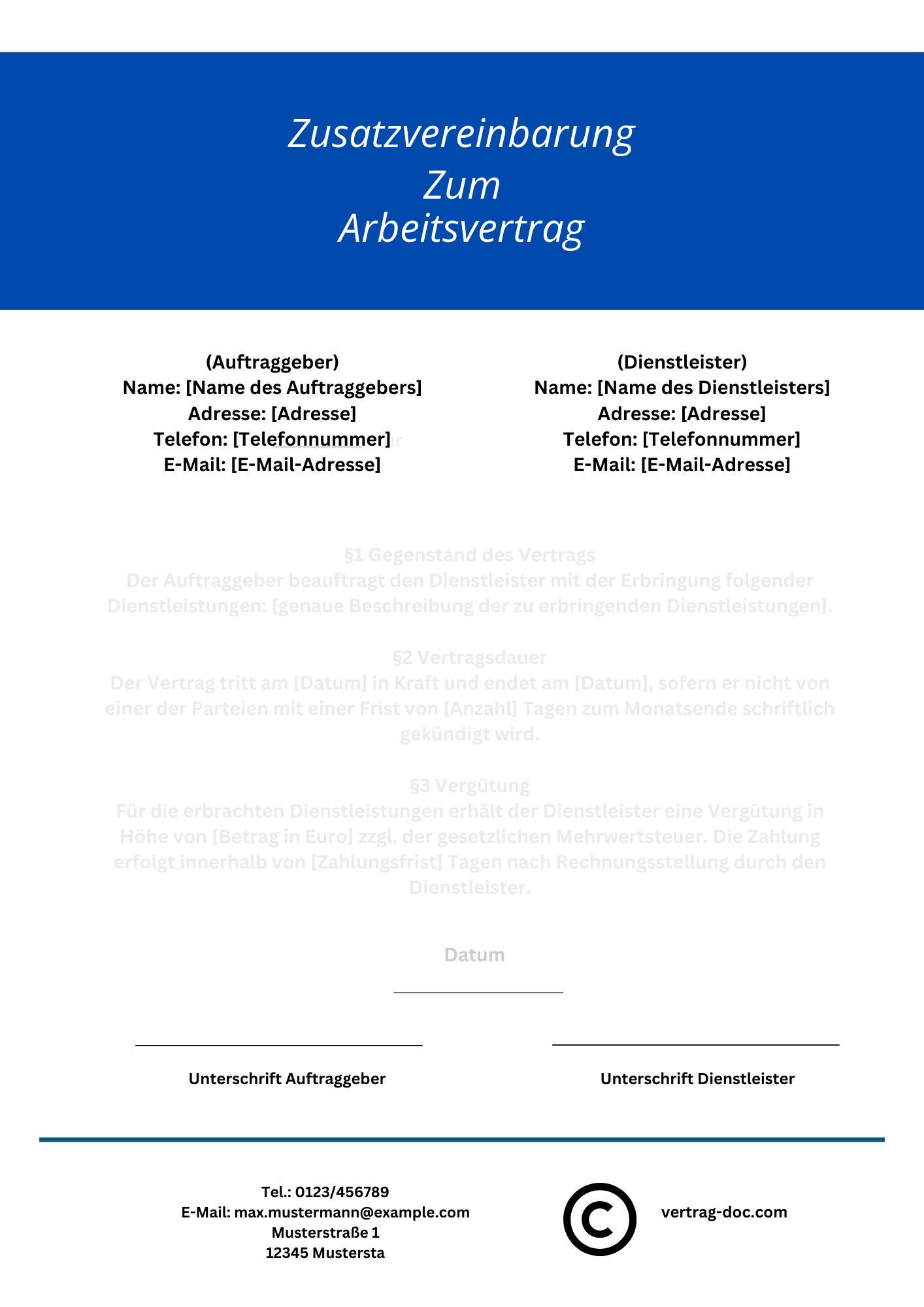 Zusatzvereinbarung Zum Arbeitsvertrag